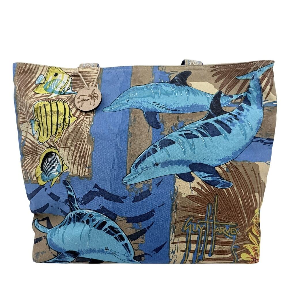 Guy Harvey Sun N Shade Canvas Dolphin Print Beach Tote Bag NWT Coastal Nautical
